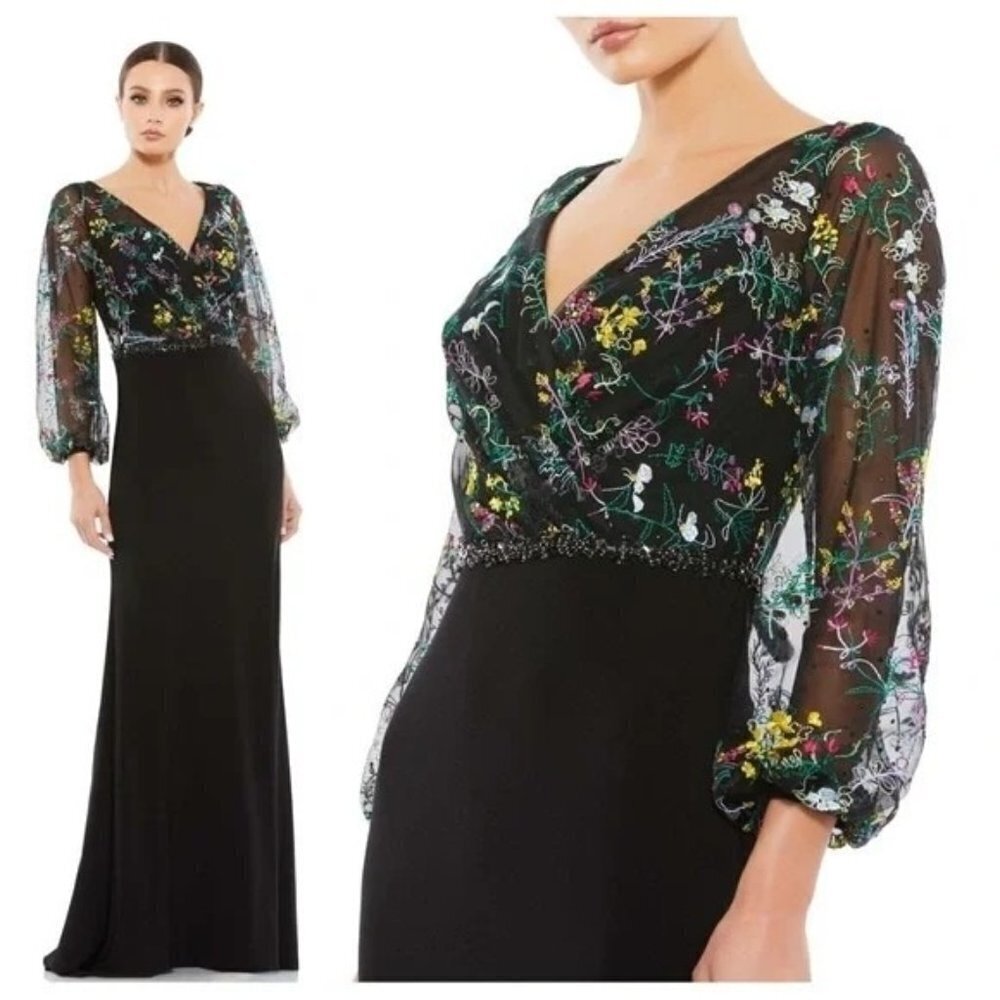 Mac Duggal 79379 Puffed Sleeve Maxi Dress Gown Illusion Embroidered Size 10 NWT